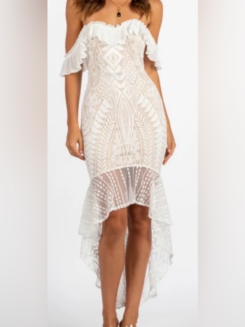 Strapless White Lace High-Low Ruffle Dress